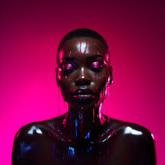 Aesthetic portrait photography of black woman model closeup, on fuchsia pink background, with fluid sticky textures melting on her beautiful face. Artistic Photography. - obrazy, fototapety, plakaty