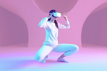 innovation woman neon reality digital sport game virtual vr technology glasses. Generative AI.