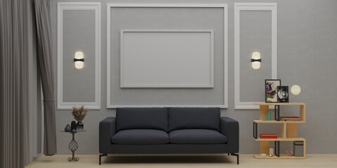 modern living room with sofa and a large empty pigora.