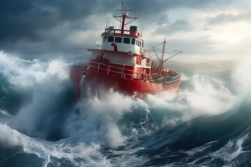 Tugboat Navigating Treacherous Ocean Swells - obrazy, fototapety, plakaty