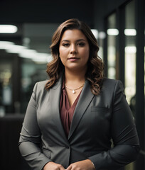 Portrait of plus size women business worker in office. Lady manager in business suit. Office worker