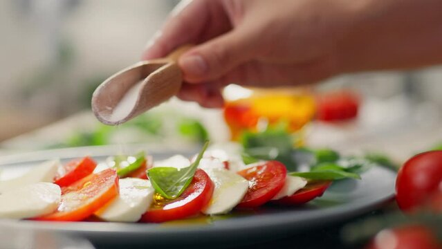 Sandwich. The expectant mother confidently salts fresh vegetables on the kitchen table. Camera in motion, expectant mother adding salt to vegetables sandwich new ways to prepare healthy food, tomatoes