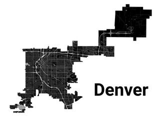 Denver city map, United States. Municipal administrative borders, black and white area map with rivers and roads, parks and railways.