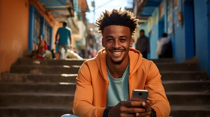 Fotobehang Happy young man from Brazilian Favelas sitting on stairs on a street with a smartphone in his hands.  He wears an orange hoodie and smiles to the camera. © Andrei