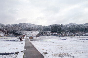 the beauty of winter in Japan as the snow begins to melt on the road, contrasting with the pristine snow-covered rice fields in the background.