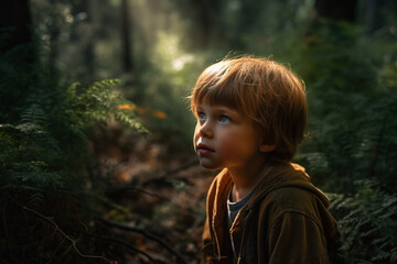 A Little Boy's Adventure in the Enchanted Forest under the Warm Embrace of a Radiant Sunset
