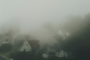 Eerie Coastal Village: Lost in the Embrace of Thick Fog