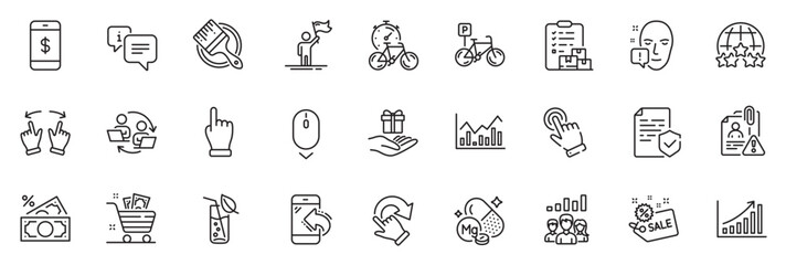 Fototapeta na wymiar Icons pack as Magnesium mineral, Sale and Leadership line icons for app include Delivery report, Certificate, Face attention outline thin icon web set. Water glass, Incoming call. Vector