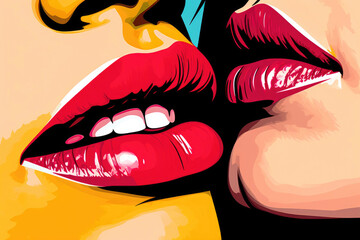 Passionate Pop Art Kiss: A Lip-Biting Embrace - obrazy, fototapety, plakaty