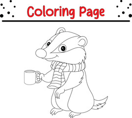 Christmas cartoon badger wearing scarf holding hot coffee coloring page. Happy Christmas coloring book for kids.