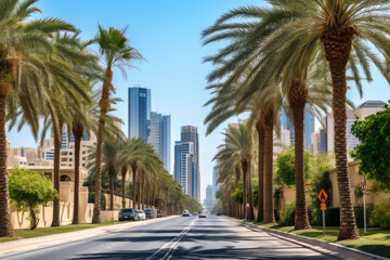 Fototapeta na wymiar Dubai's Majestic Palm-Lined Avenue