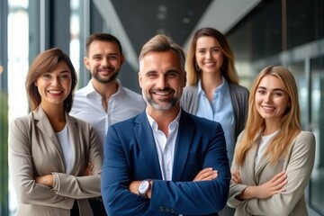 Fototapeta premium Leader or manager looking happy face portrait of ambitious corporate men and women. Generative AI.