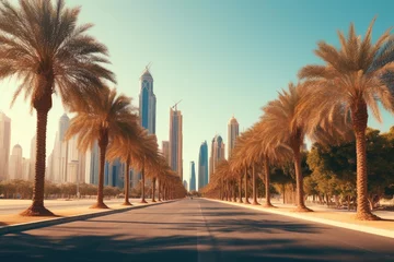 Foto op Plexiglas Sunset Stroll: Palm Trees in Dubai © AIproduction
