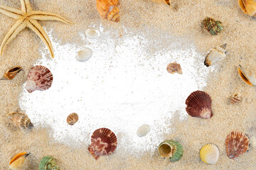 Obraz na płótnie Canvas beach sand frame copy space with shell