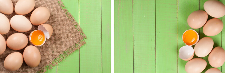 eggs in a tray on a green wooden background with copy space for your text. Top view