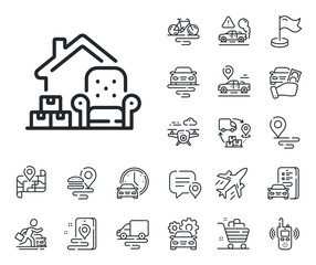 Home moving sign. Plane, supply chain and place location outline icons. Packing things line icon. Delivery service symbol. Packing things line sign. Taxi transport, rent a bike icon. Vector