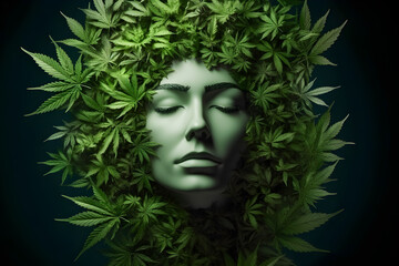 Abstract fashion model face, surrounded by cannabis leaves, close-up shot