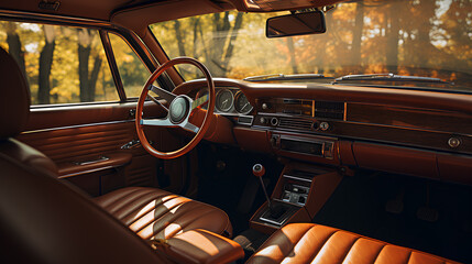 vintage car interior with old leather seats and steering wheel.