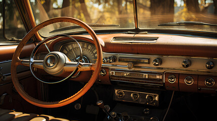 close up vintage car interior - obrazy, fototapety, plakaty