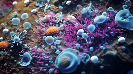 Close up of bacteria and virus cells. Biology, Science medicine background