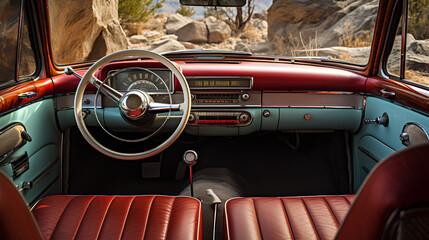 classic red and blue interior of a vintage car