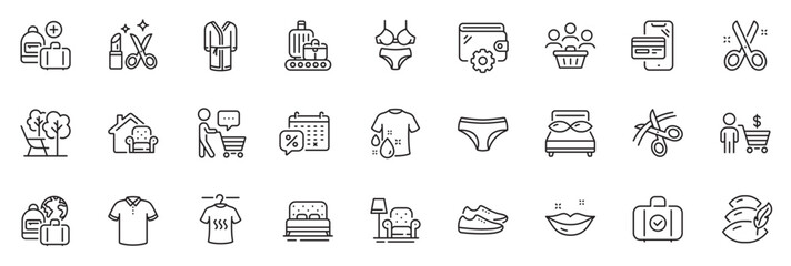 Icons pack as Online shopping, T-shirt and Add handbag line icons for app include Baggage belt, Pillow, Scissors outline thin icon web set. Buyer think, Carry-on baggage, Pillows pictogram. Vector