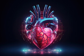 Neon cyber human heart with arteries. Realistic illustration of a heart in neon light on a black background. - obrazy, fototapety, plakaty