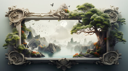 fantasy forest with old stone in wooden fantasy frame