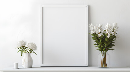 mock up frame with white flower on white wall background