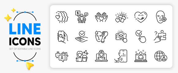 Checkbox, Teamwork and Approved line icons set for app include Problem skin, Love gift, Work home outline thin icon. Voicemail, Electronic thermometer, Cleaning pictogram icon. Vector