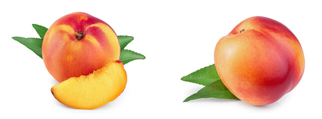 Nectarine fruit and half with leaf isolated on white background cutout