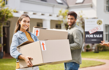 Couple, boxes and portrait for new home, real estate and property, homeowner and outdoor...