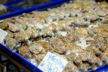 group of fresh blue crabs on ice in a market stall for sell in Chonburi Thailand with price sign 360 baht