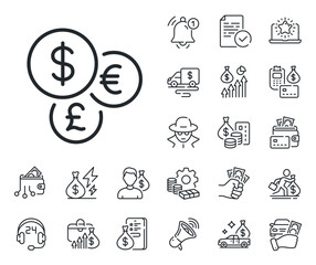 Cash exchange sign. Cash money, loan and mortgage outline icons. Money currency line icon. Stock trade symbol. Money currency line sign. Credit card, crypto wallet icon. Inflation, job salary. Vector