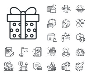 Present or Sale sign. Plane jet, travel map and baggage claim outline icons. Gift box line icon. Birthday Shopping symbol. Package in Gift Wrap. Gift box line sign. Vector