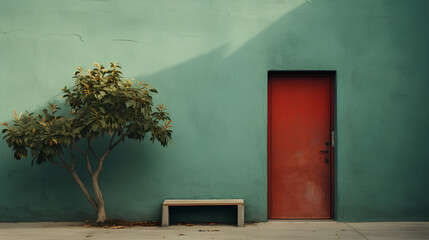 old red door on green wall background