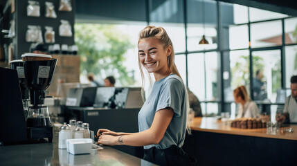 Fototapeta premium A Joyful Female Barista Excelling in Her Role with a Radiant Smile