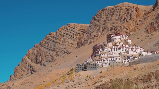 Key Monastery in front of the mountains near Kaza at Spiti Valley in Himachal Pradesh, India. View of the largest buddhist monastery in Lahaul and Spiti district in India.	