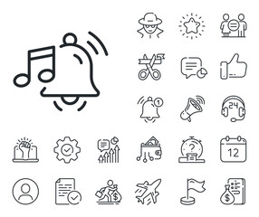 Reminder bell music sign. Salaryman, gender equality and alert bell outline icons. Alarm clock sound line icon. Notification musical note symbol. Alarm sound line sign. Vector