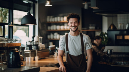 A Cheerful Male Barista in His Element, Spreading Joy Through Coffee