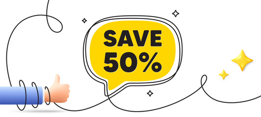 Save 50 percent off tag. Continuous line art banner. Sale Discount offer price sign. Special offer symbol. Discount speech bubble background. Wrapped 3d like icon. Vector