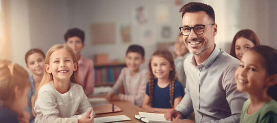Fototapeta premium A kind male teacher with a smiling face is teaching the students in the classroom, Happy teachers day, Generative AI