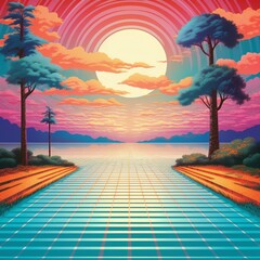 Retro style landscape with blue grid background 