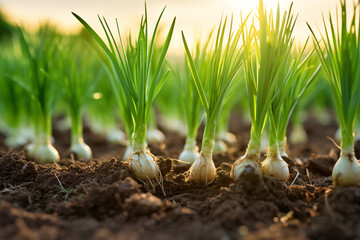 cultivated Green Onion (Scallion) vegetable field, earth day concept - obrazy, fototapety, plakaty
