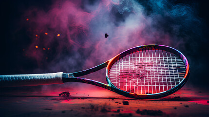 tennis racket on a dark background with colorful smoke