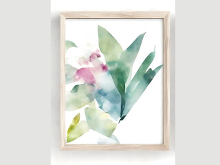 abstract botanical wall paintings. Watercolor abstract painting in a wooden frame. Modern interior triptych with geometric flowers and plants.