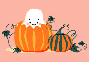 Cute smiling ghost in the pumpkin. Halloween element.  Vector illustration
