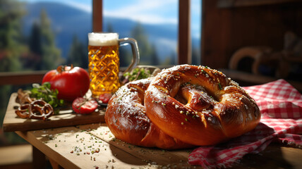 Oktoberfest pretzel bagel sandwich, Oktoberfest day breakfast, burger recipe. Generative Ai