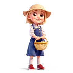 Full-length girl. A little fair-haired girl is standing in a hat in a blue dress and holding a basket in her hands. Isolated on transparent background. 3d. png