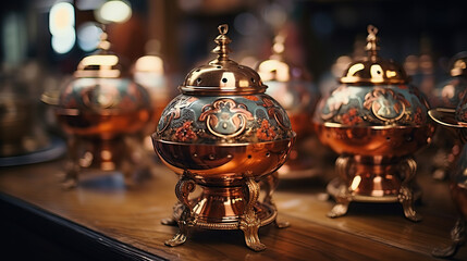 Fototapeta na wymiar Old traditional russian samovars made of copper and Russian bagels on the table. Generative Ai